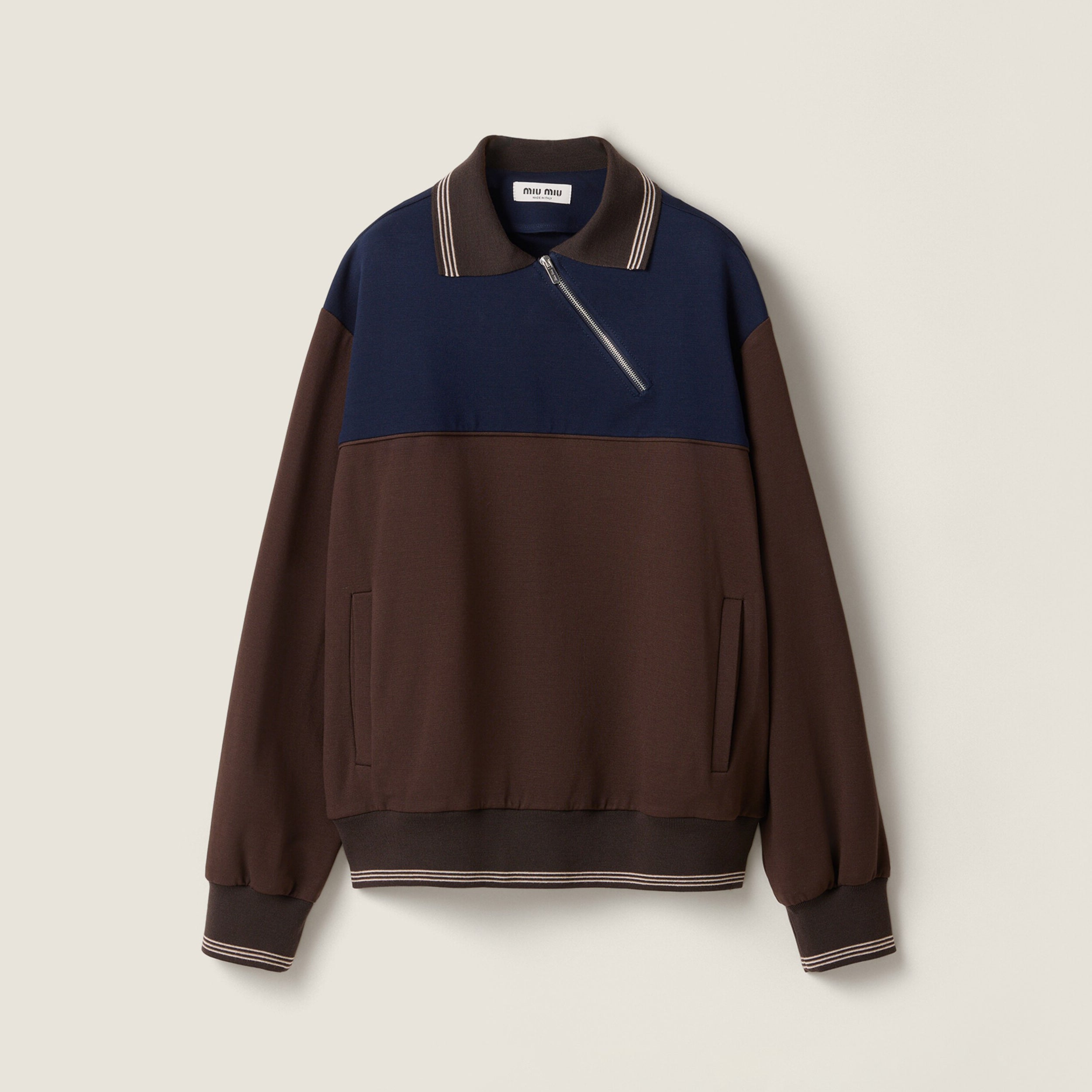 MiuMiu Women's Spring/Fall Casual Fashion Collared Pullover Diagonal Zipper Design Contrasting Color Long Sleeves Sweatshirt #79327