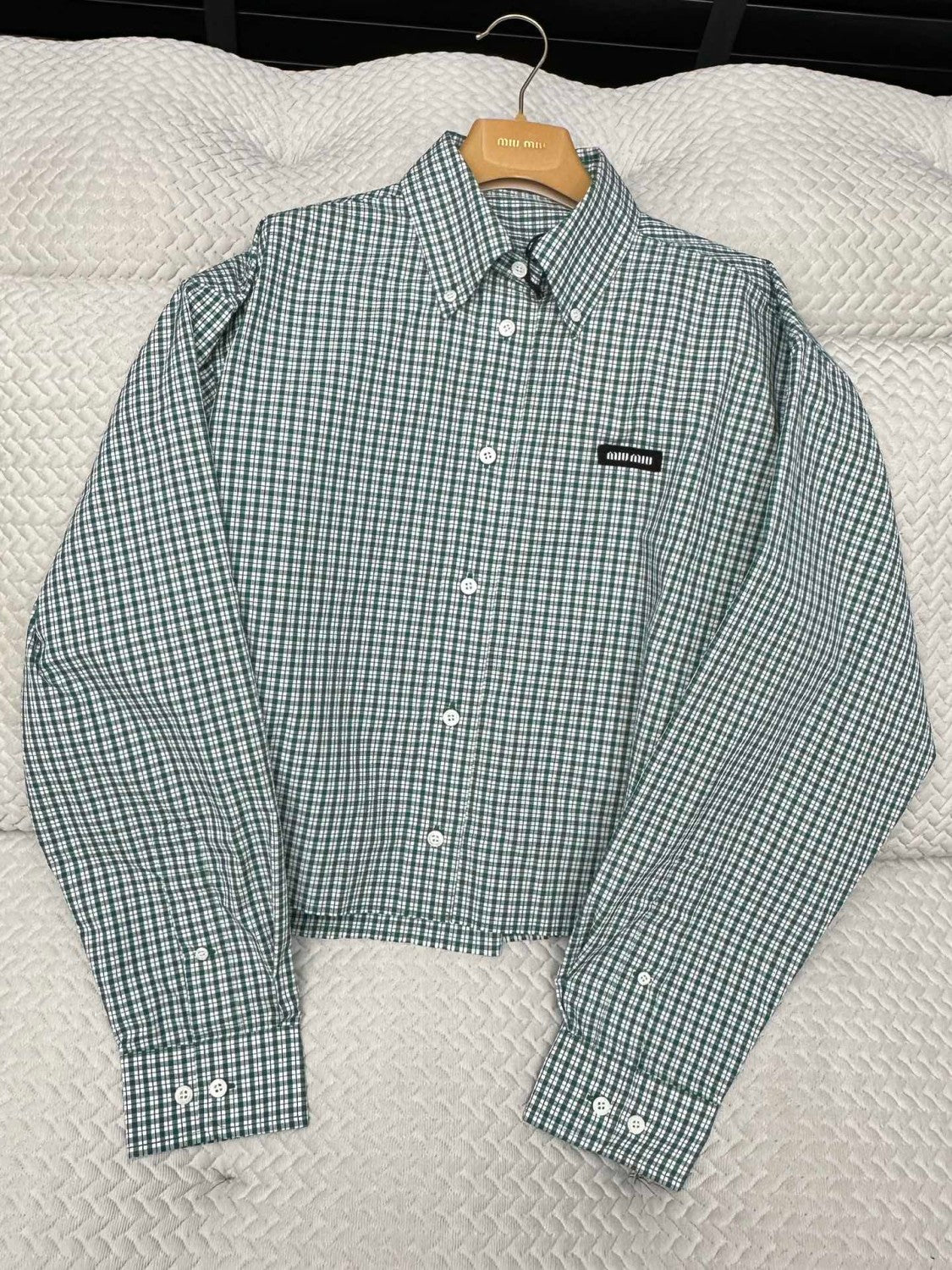 MiuMiu Women's Spring And Summer Green Plaid Shirt Logo Fashion Trend Elegant Casual Single-breasted Long-sleeved Jacket Shirt #81459