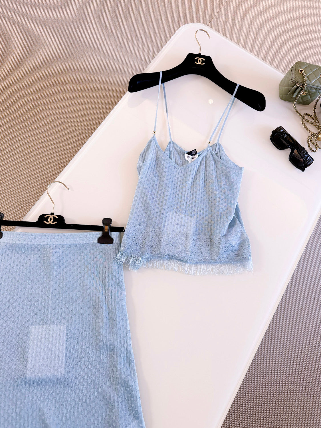 Chanel Top Midi Skirt Mixed Fibers Light Blue #377753