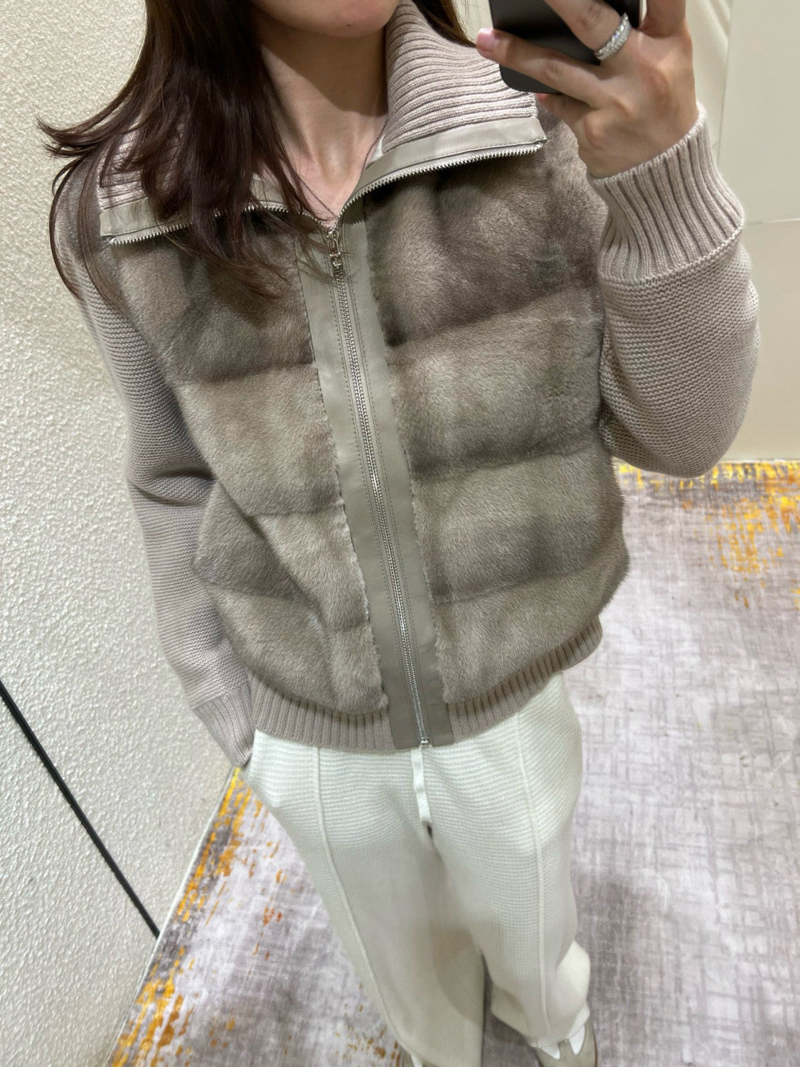 Loro Piana Women's Fall/Winter Mink-Collar Cashmere Solid-Color Zipper Long-Sleeve Knit Puffer Down Jacket #81738