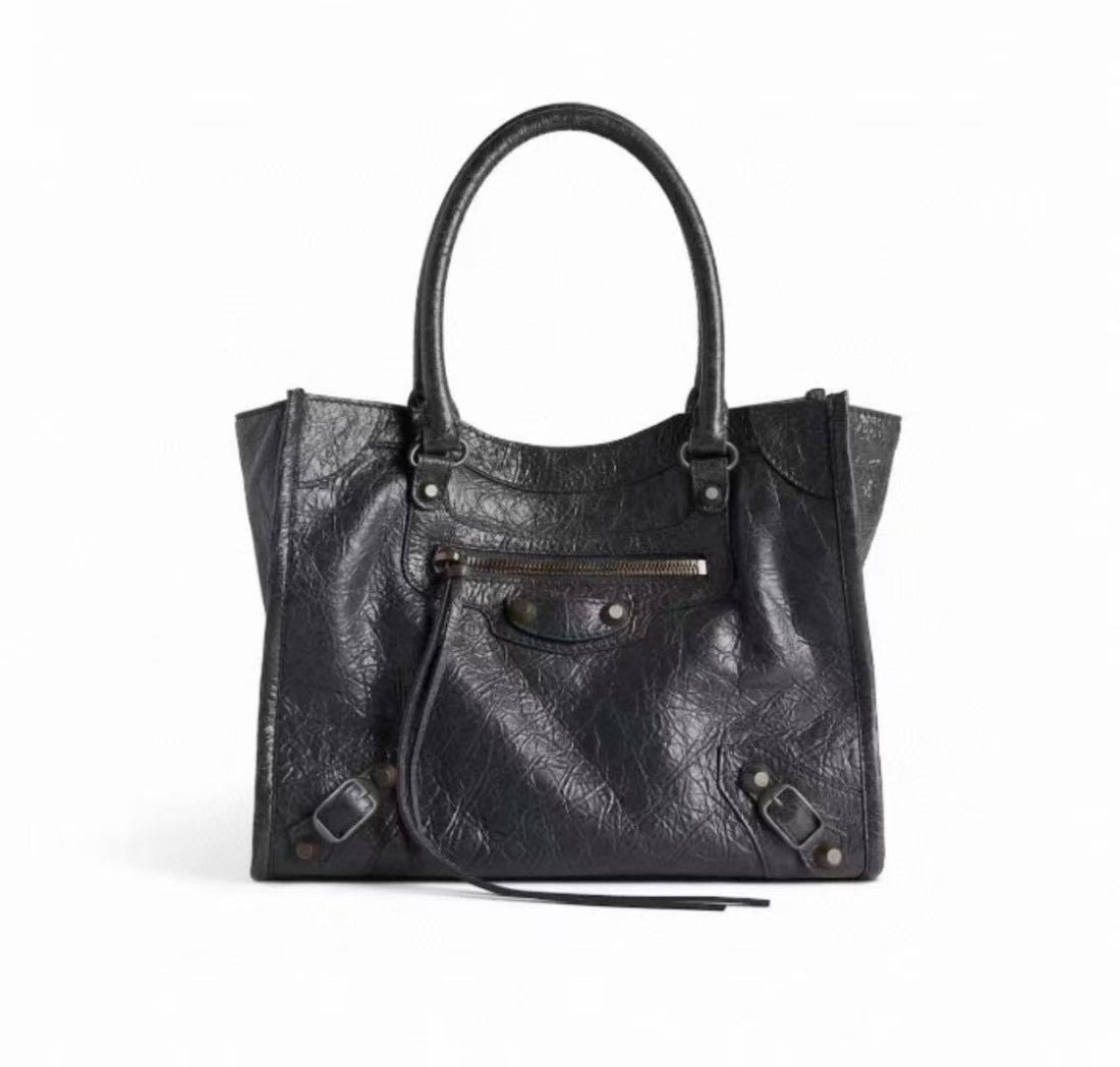Balenciaga Le City Vertical Tote Bag Motorcycle Bag Cracked Old Retro Rivet Tassel Zipper Commuting Casual Bag #332658
