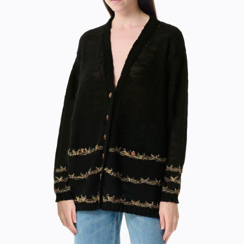 Chanel Women's Spring/Fall Vintage V-Neck Single-Breasted Gold-Thread Knit Wool-Blend Cardigan Ngvp #2562