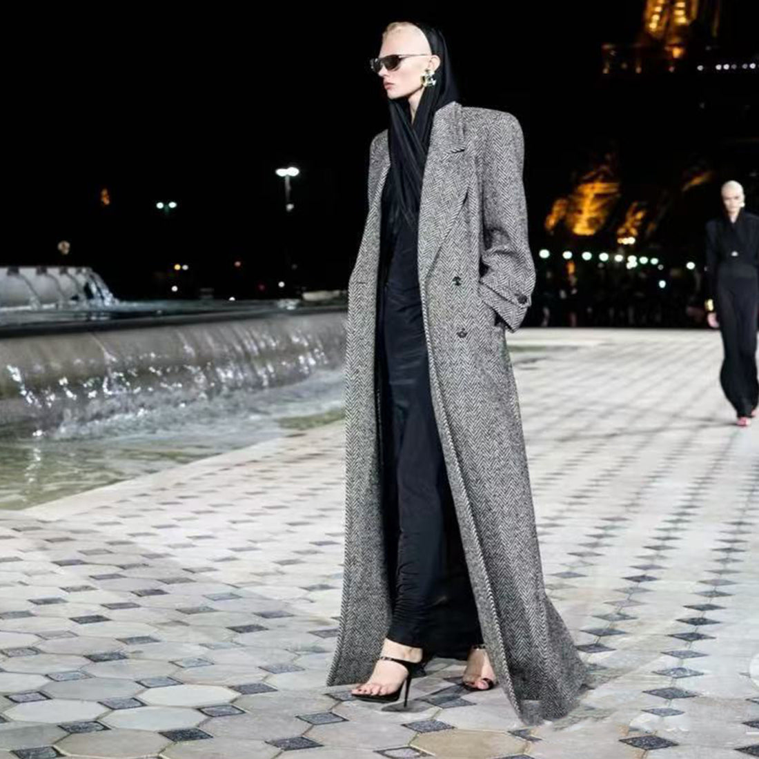 SAINT LAURENT Women's Fall And Winter Maldon Style Herringbone Pattern Coat Elegant And Exquisite Long Belt Tweed Coat Fashion Trend Temperament Jacket Ngvp #2491