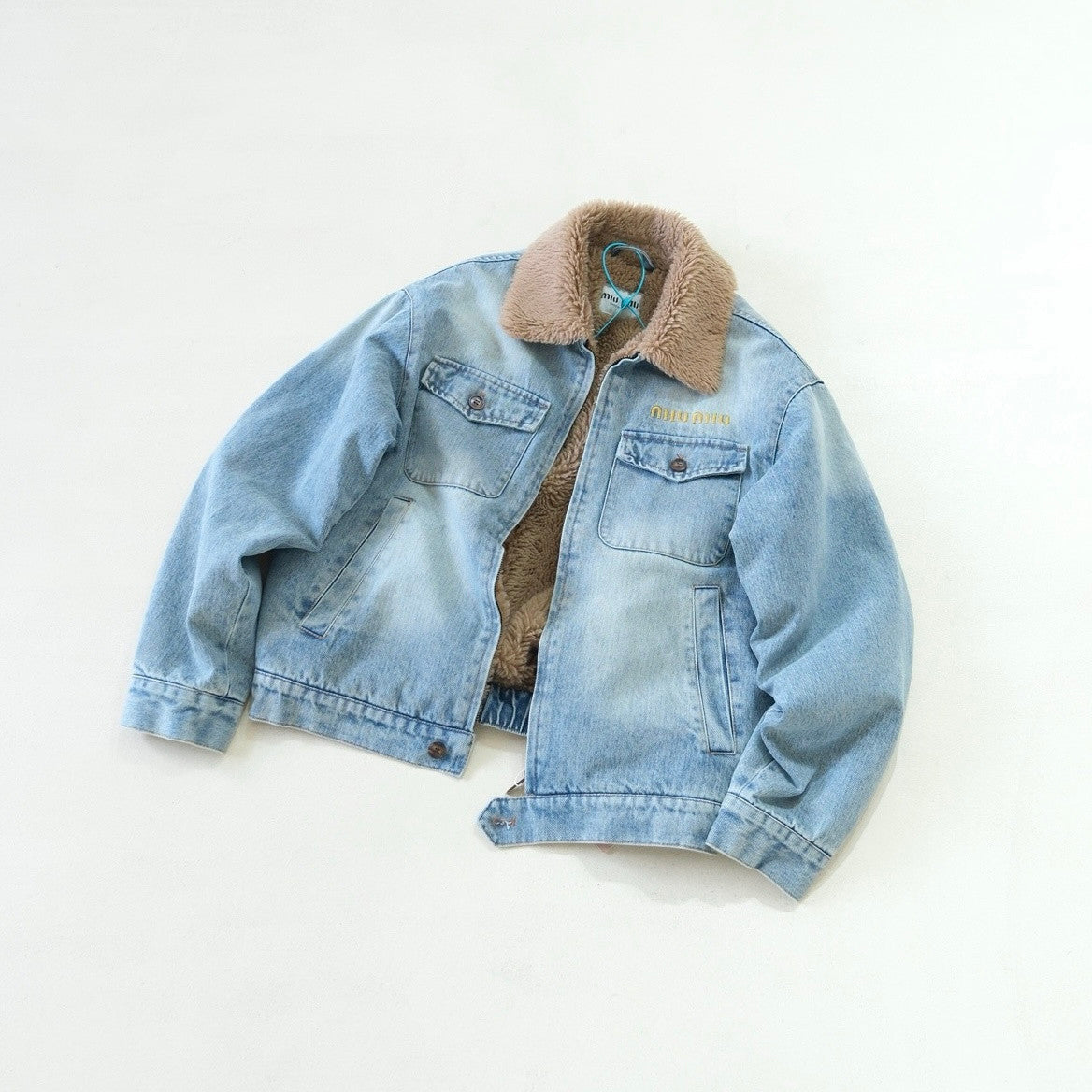 MiuMiu Denim and Wool Trucker Jacket Washed Embroidery Light Blue #332979