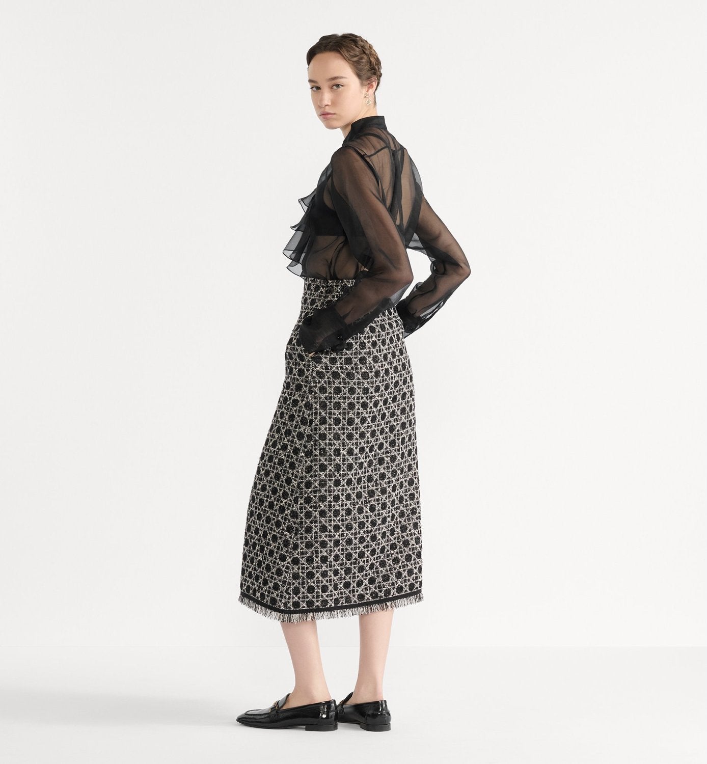 DIOR Macrocannage Regular Fit Jacket Mid-Length Macrocannage Flared Skirt  Black White Cotton-Blend Tweed Knit  #334340
