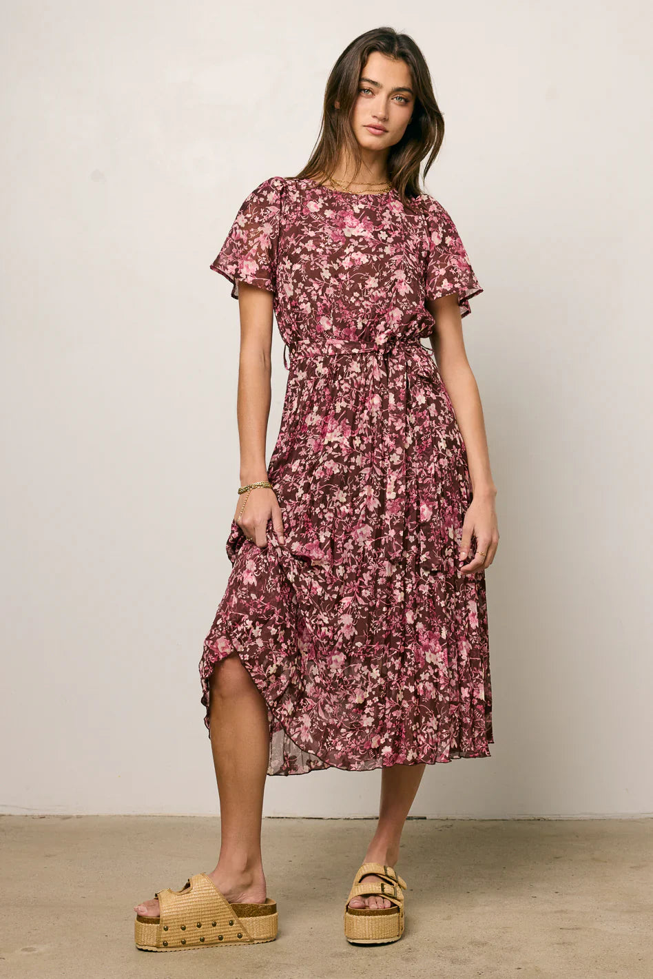 Mary Anne Floral Midi Dress in Brown