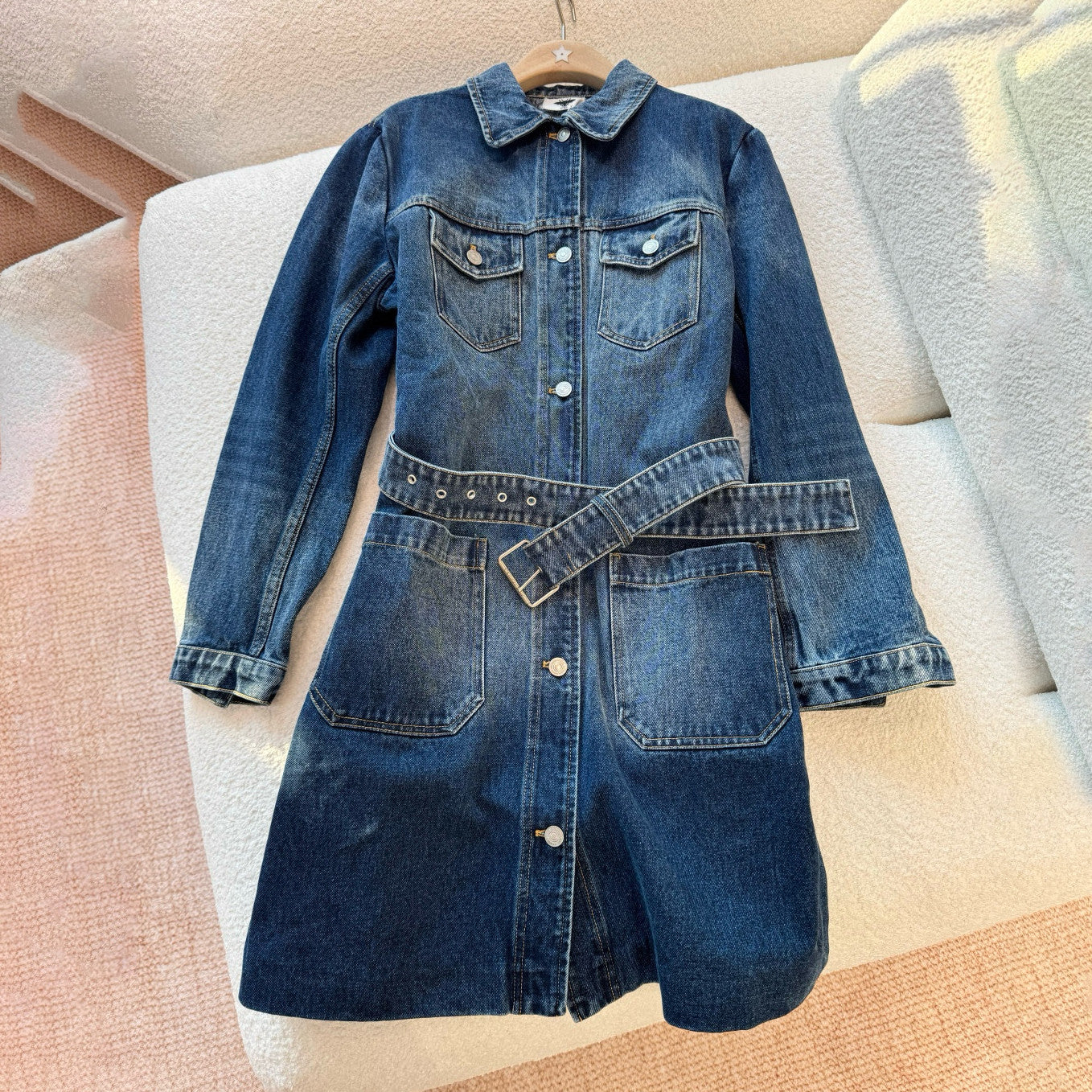 Dior Women's Spring/Fall Fashion Casual Midi Length Single Breasted Collar Print Belted Long-Sleeve Denim Skirt Dress #78947