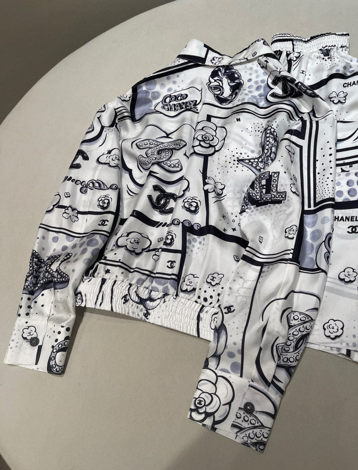 Chanel Hand-painted Camellia Silk Stretch Casual Pants Shirt #377175