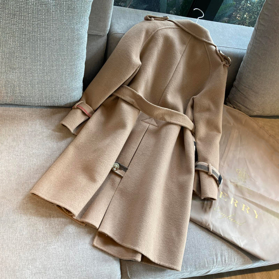 Burberry Women's Autumn/winter Fashion Classic Checkered Collar Cashmere Fabric Belted Lightweight Long Trench Coat Jacket #78414