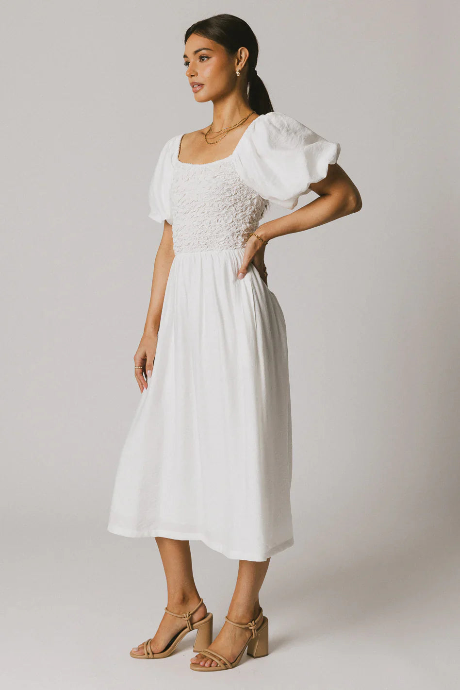 Janie Smocked Midi Dress in White