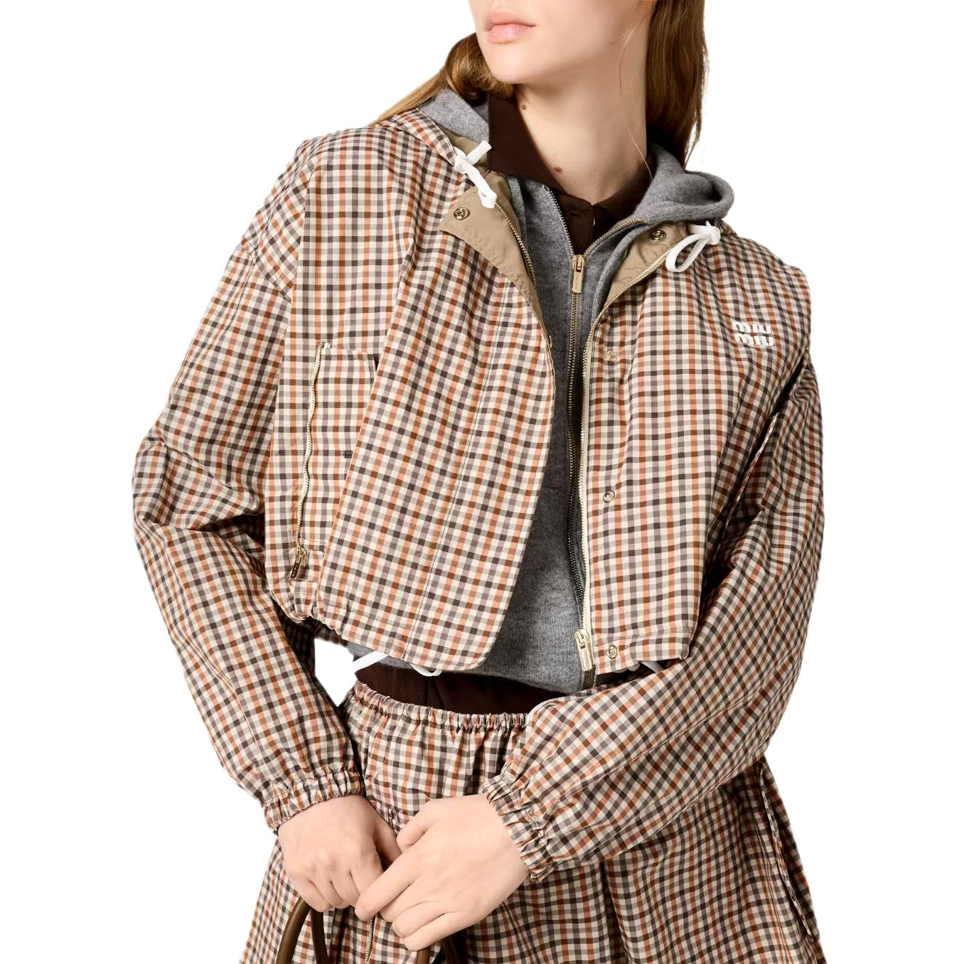 MiuMiu Women's Spring/Summer Fashion Casual Hooded Zipper Waist Elastic Checkered Jacket Waist Elastic Drawstring Checkered Casual Short Skirt Suit Set #79158