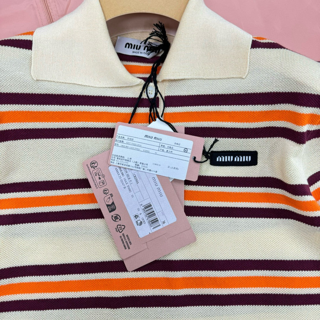 MiuMiu Women's Spring And Summer Striped Polo Shirt Knitted Fashion Trend Retro Short-sleeved Logo Short T-shirt Tops #81639