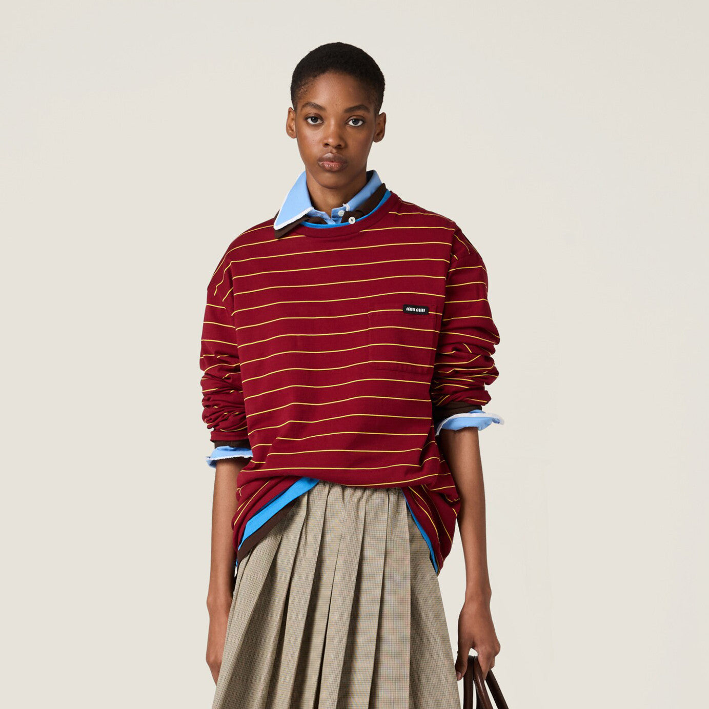 MiuMiu Women's Spring/Autumn Fashion Casual Cotton Plain Weave Knitted Striped Drop Shoulder Sleeve Round Neck Long Sleeve T-Shirt Top #78299