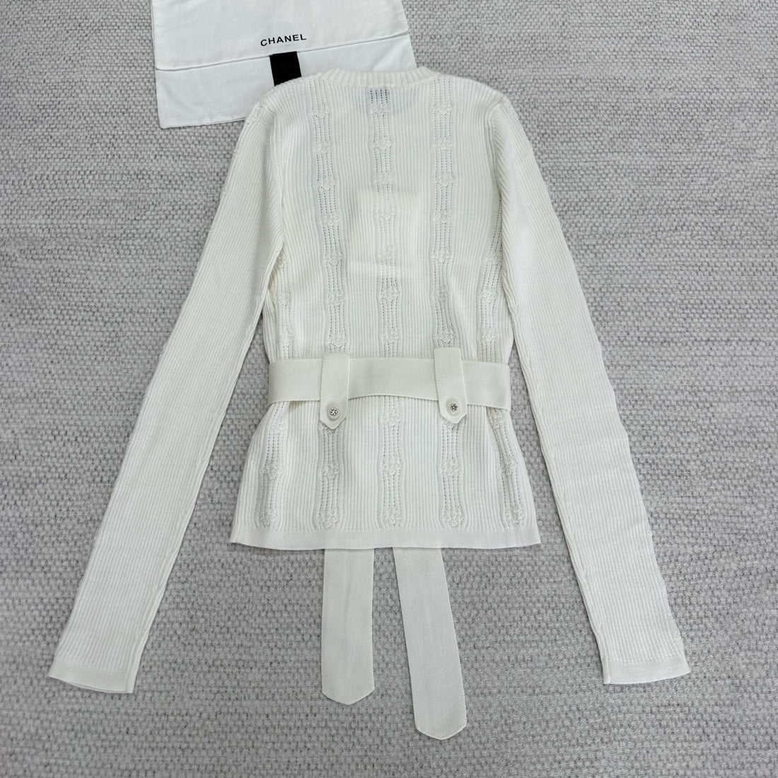 Chanel Women's Spring/Fall Casual Lightweight Solid Color Crew Neck Cashmere Tie Front Pullover Sweater #79231