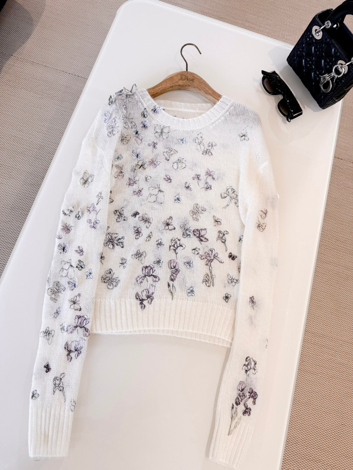 DIOR Embroidered Sweater White Alpaca Cashmere and Silk Knit with Multicolor Butterflies Iris Motif #335853