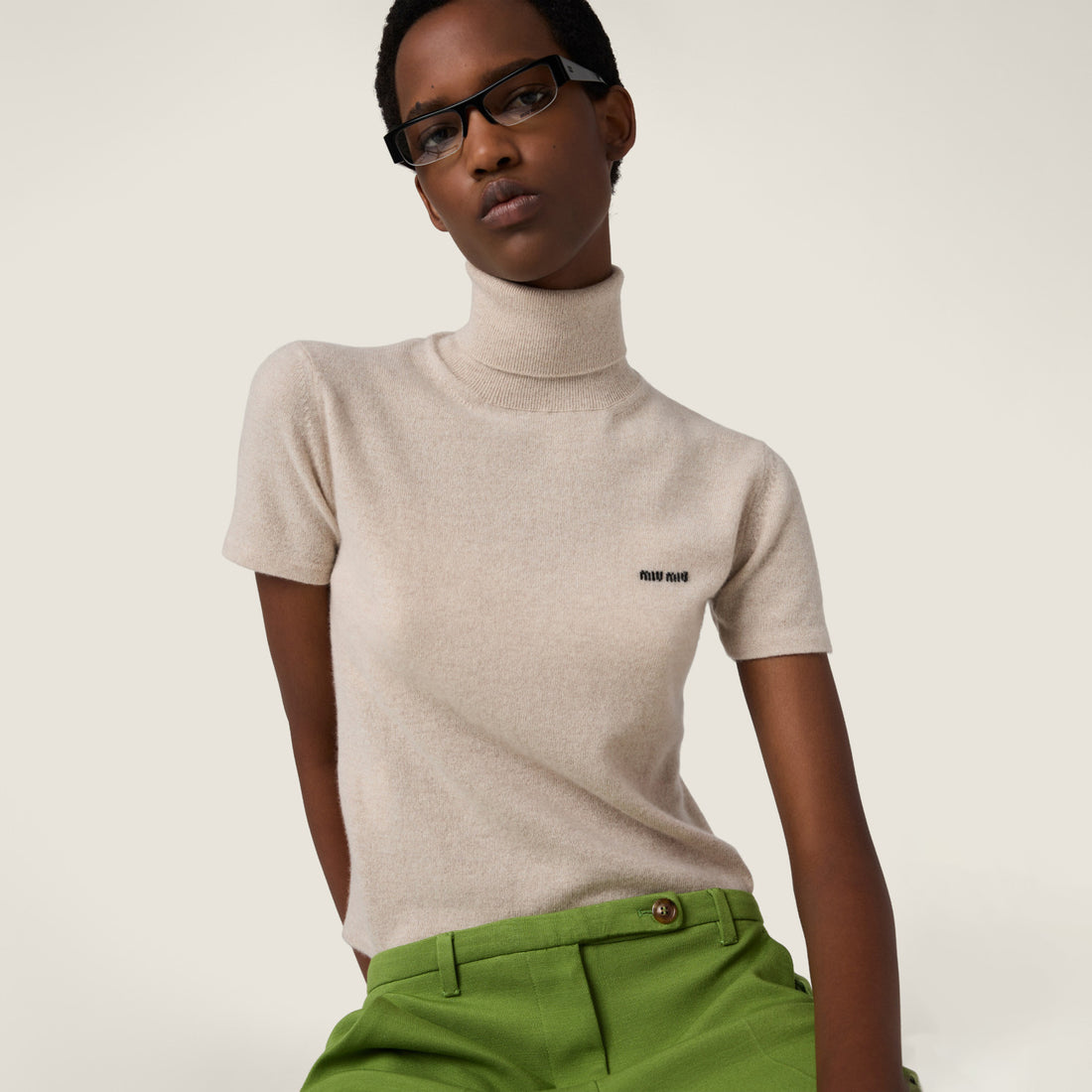 MiuMiu Women's Fall/Winter Fashion Casual Solid Color Cashmere Turtleneck Short Sleeve Knit Sweater #79416