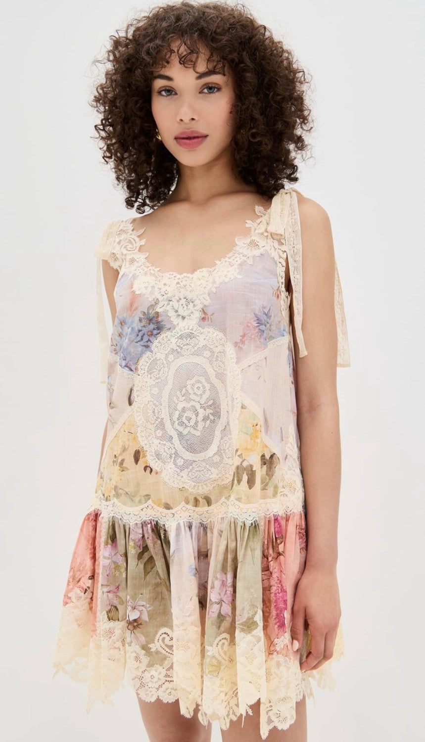 Zimmermann Women's Cascadian Lace Embroidered Contrast Color Patchwork Print V-Neck Summer Sleeveless Mini Dress #81568