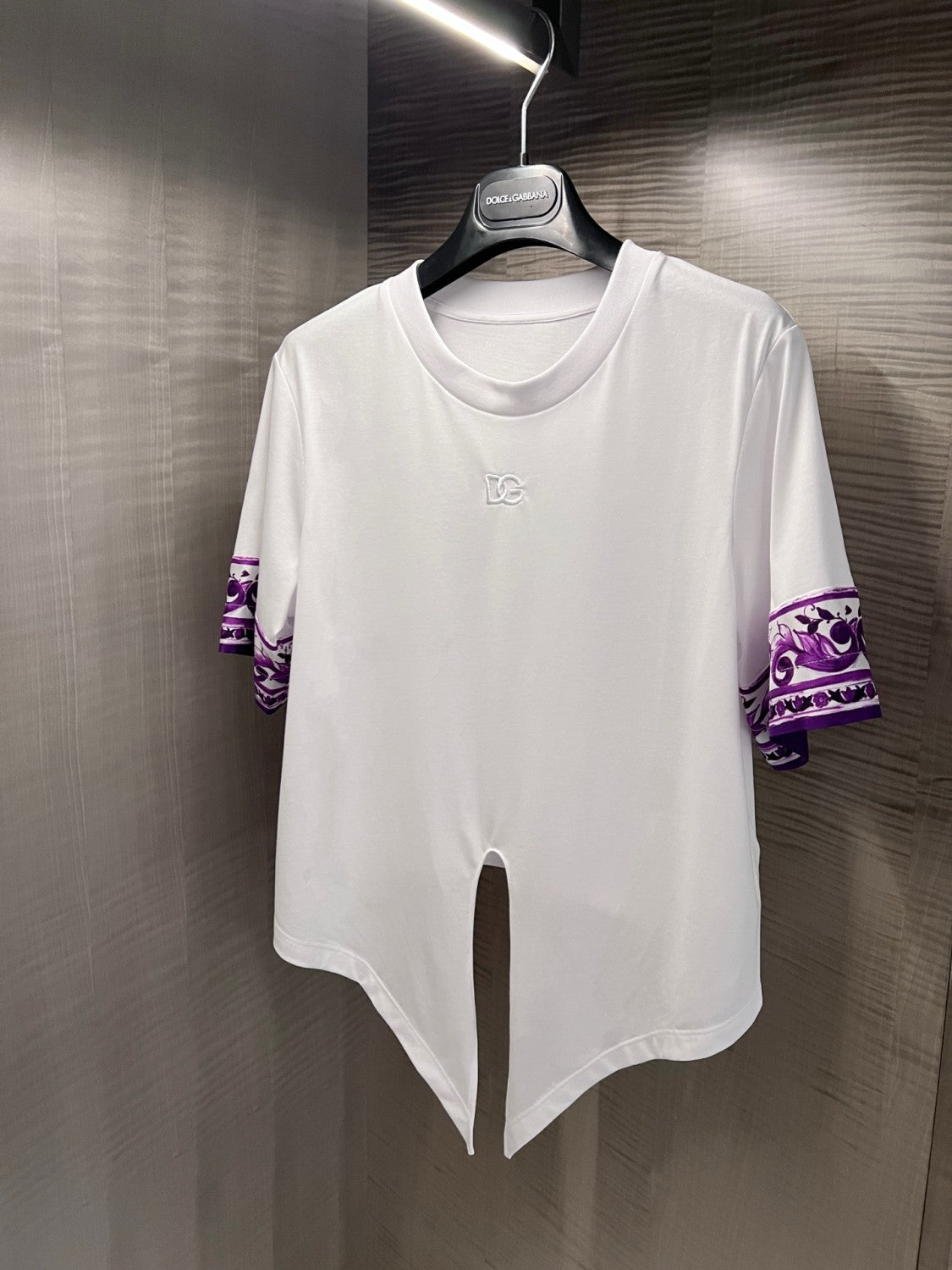 Dolce&Gabbana Women's Summer Logo Embroidered Tie-Front Round Neck Solid Color Silk Short Sleeve T-Shirt #81493