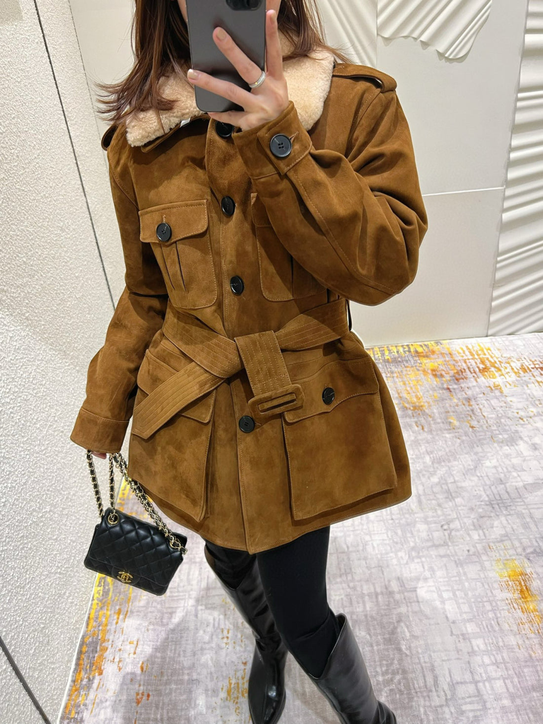 Saint Laurent Women's Fall And Winter Waisted Mid-length Suede Sheepskin Goose Down Jacket 100% South Africa Imported Mixed Suede Sheepskin Collar Lamb's Wool Removable Mid-length Jacket Ngvp #2236
