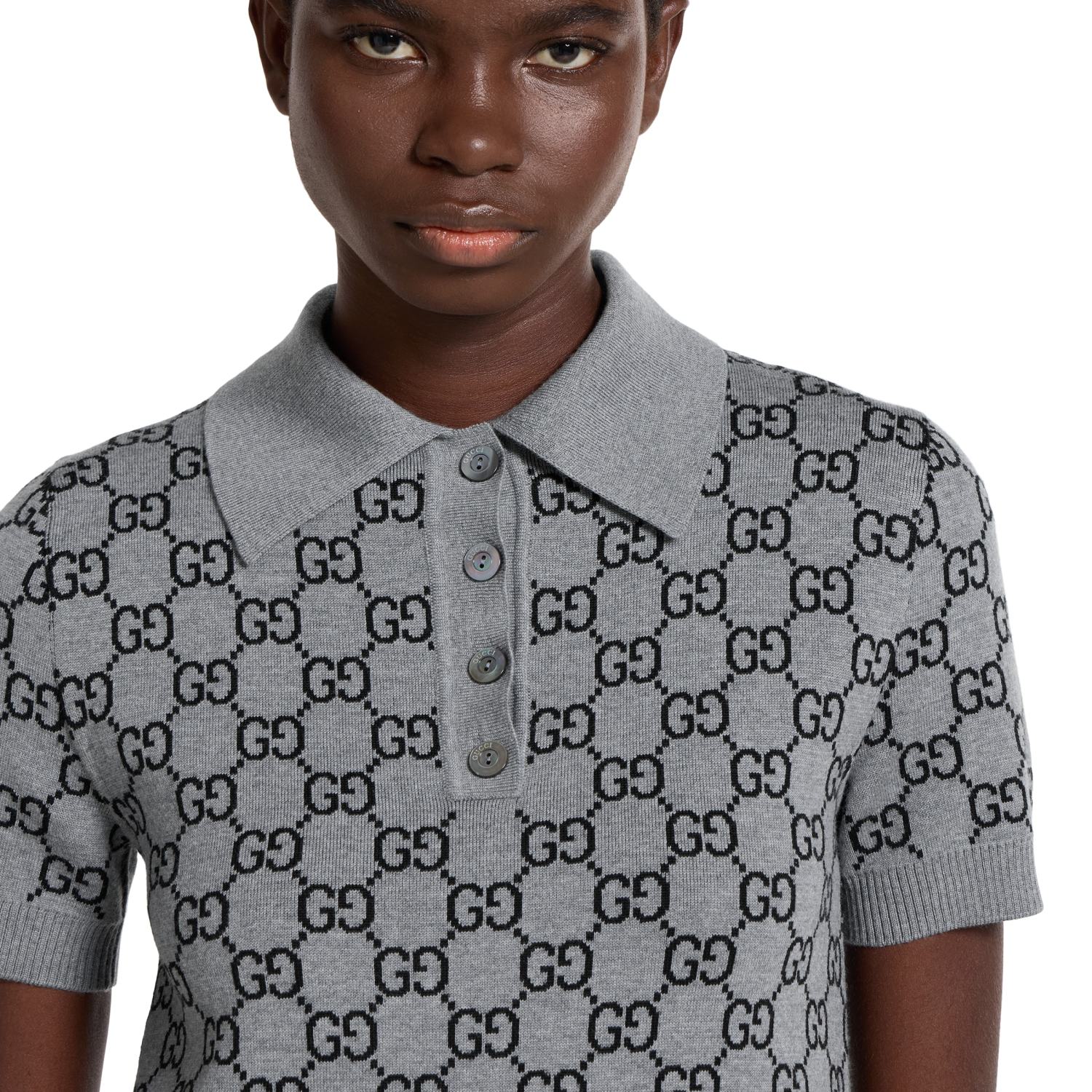 Gucci GG Wool Jacquard Polo Dress Grey Black #334214
