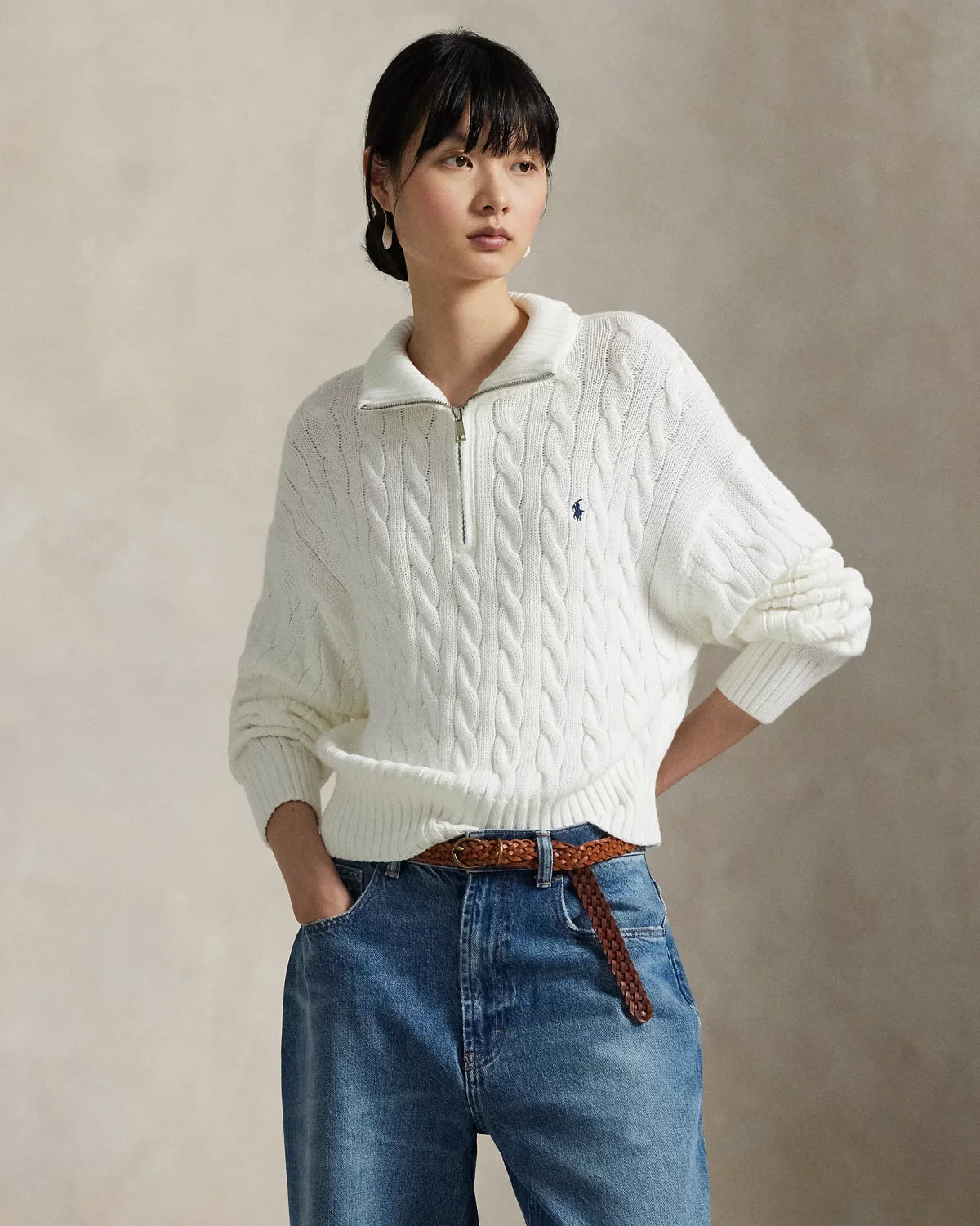 Ralph Lauren Cable-Knit Cotton Quarter Zip Jumper Women #375944