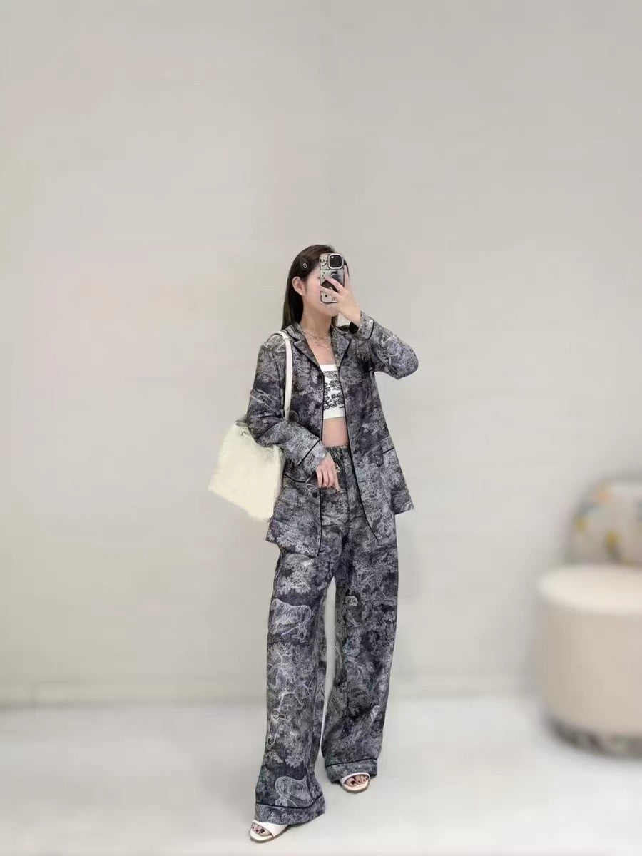 Dior Women's Spring/Summer/Fall Dioriviera Printed Loose Collar Long Sleeve Shirt Silk Elastic Waist Casual Straight Leg Pants Homewear Ngvp #2269