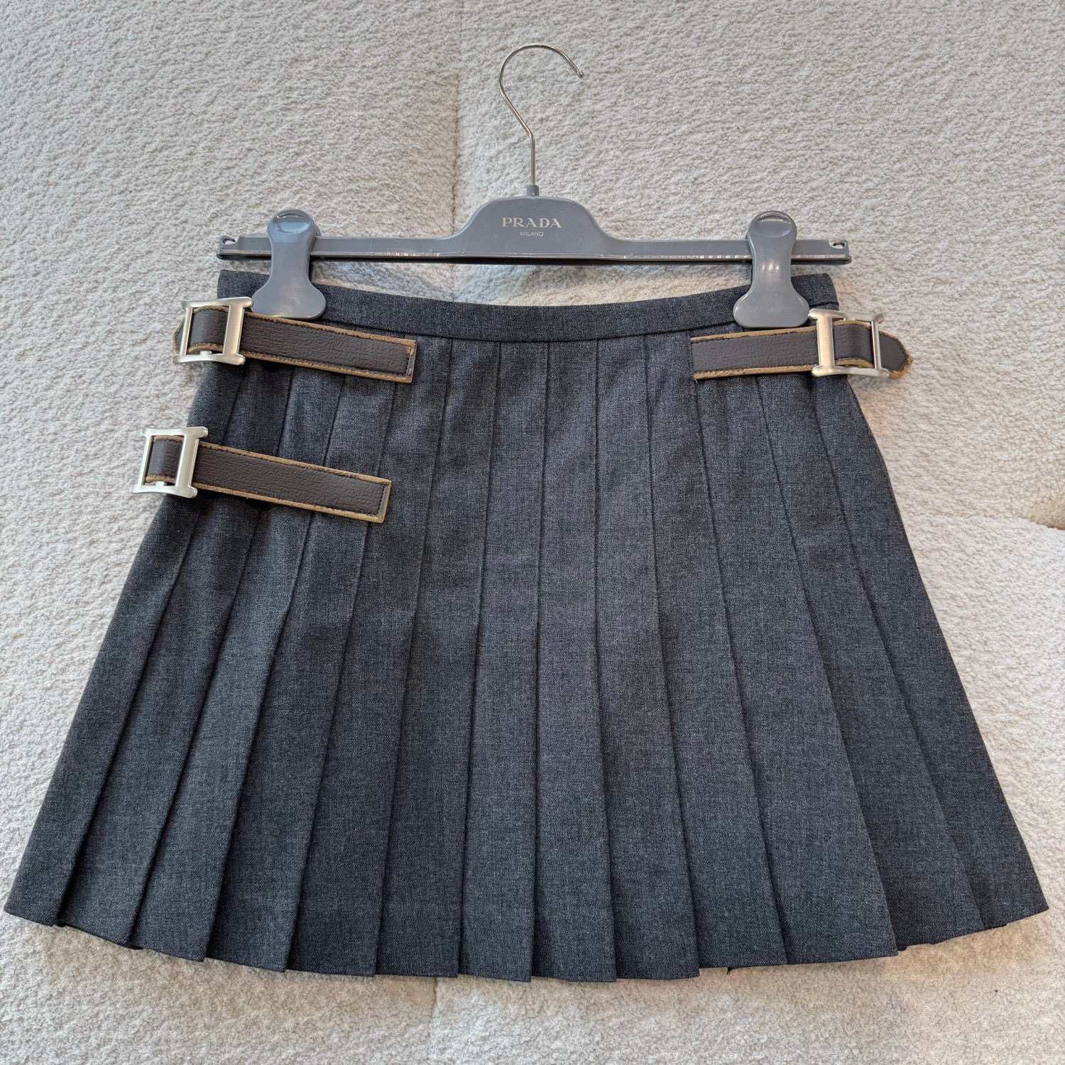 PRADA Slate Gray Pleated Rush Stitch Wool Miniskirt #335944