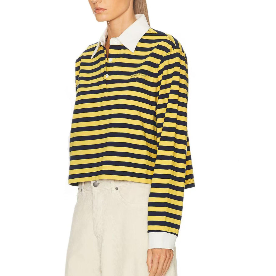 MiuMiu Women's Spring And Summer Fashion Trend Cotton Striped Embroidered Logo Long Flow Polo Shirt T-shirt Loose Casual Top #81618