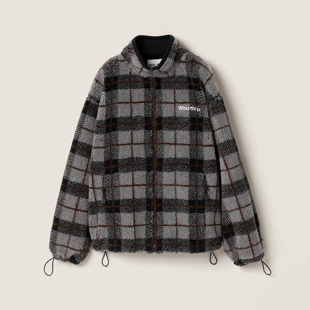 MiuMiu Gray black Checked Teddy Zipper Jacket #335443