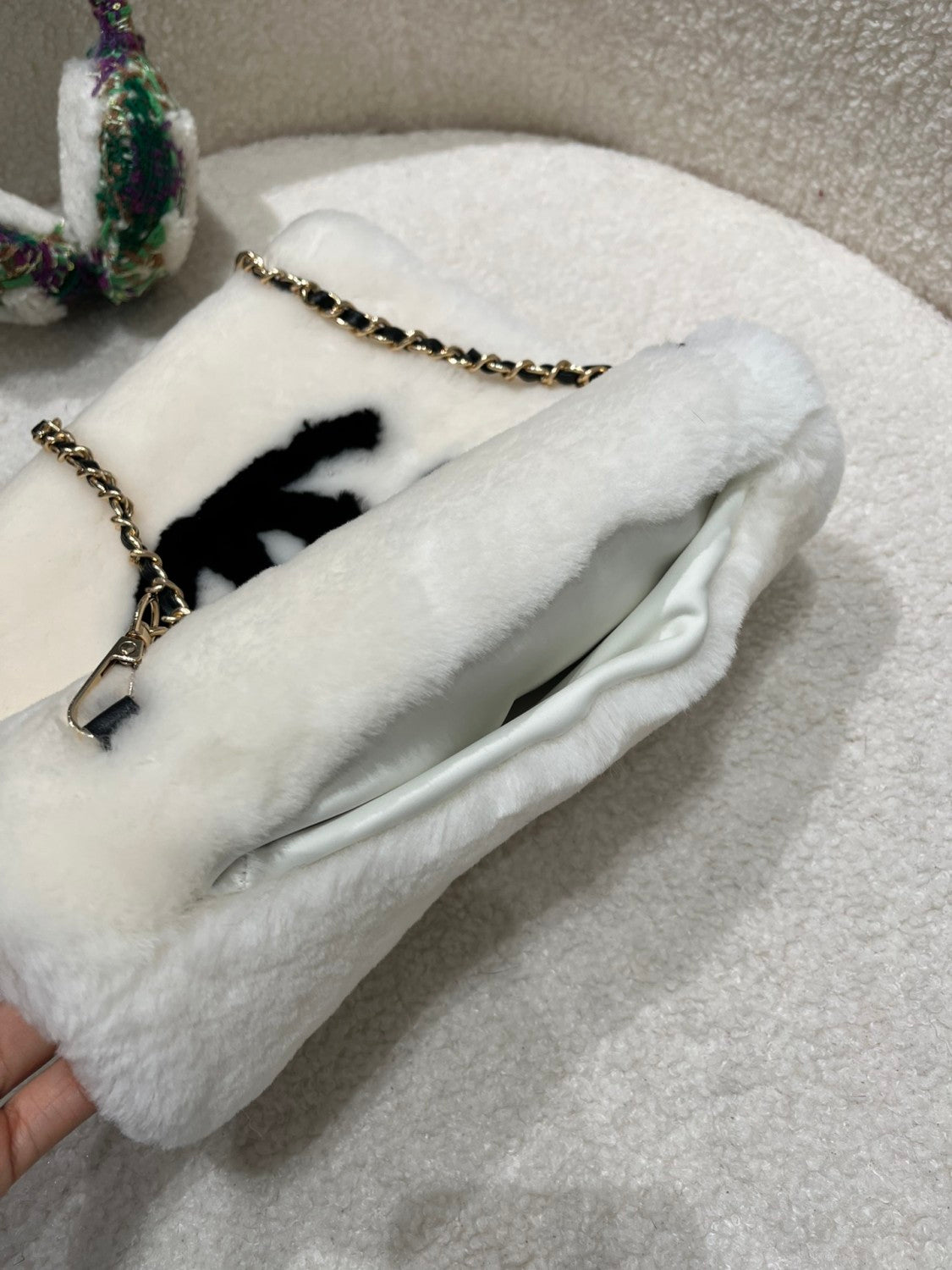 Chanel Muff Earmuffs Shearling Lambskin Tweed Ecru #335043