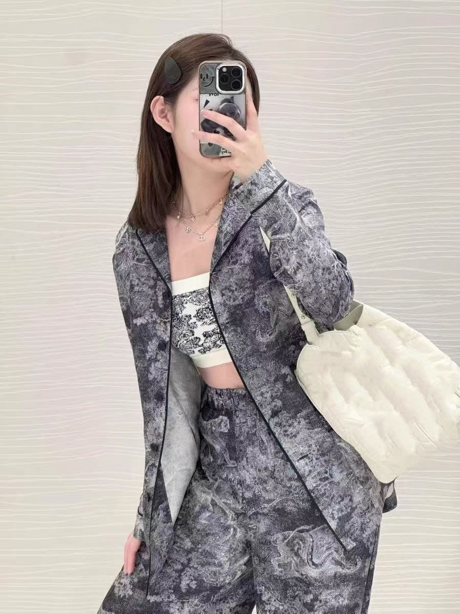 Dior Women's Spring/Summer/Fall Dioriviera Printed Loose Collar Long Sleeve Shirt Silk Elastic Waist Casual Straight Leg Pants Homewear Ngvp #2269