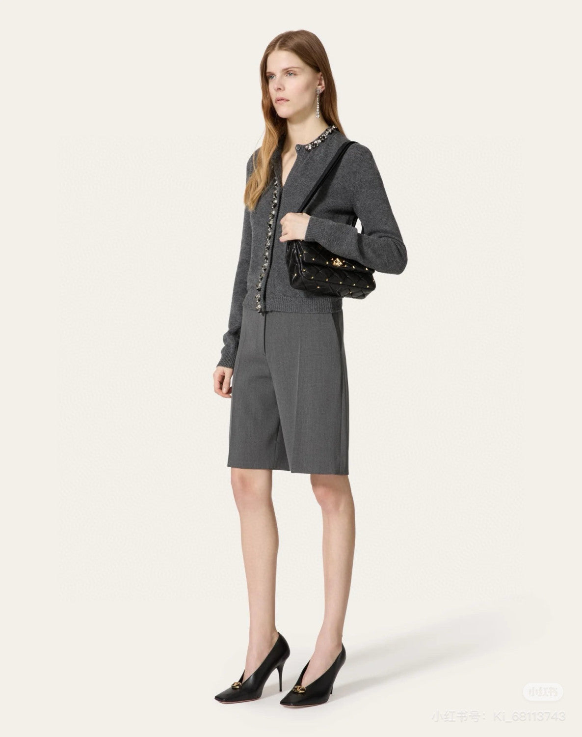 Valentino Women's Luxury Sequins Gray Wool Cardigan Autumn And Winter Fashion Trend Leisure Exquisite Single-breasted Knitted Cardigan Ngvp #2449