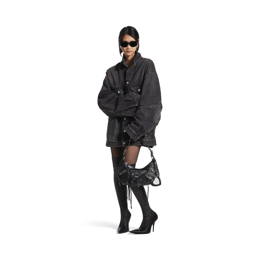 Balenciaga Le Cagole rivet silver buckle fine grain sheep leather half-moon bag crescent bag dumpling bag motorcycle bag armpit bag crossbody bag shoulder bag women's black #332101