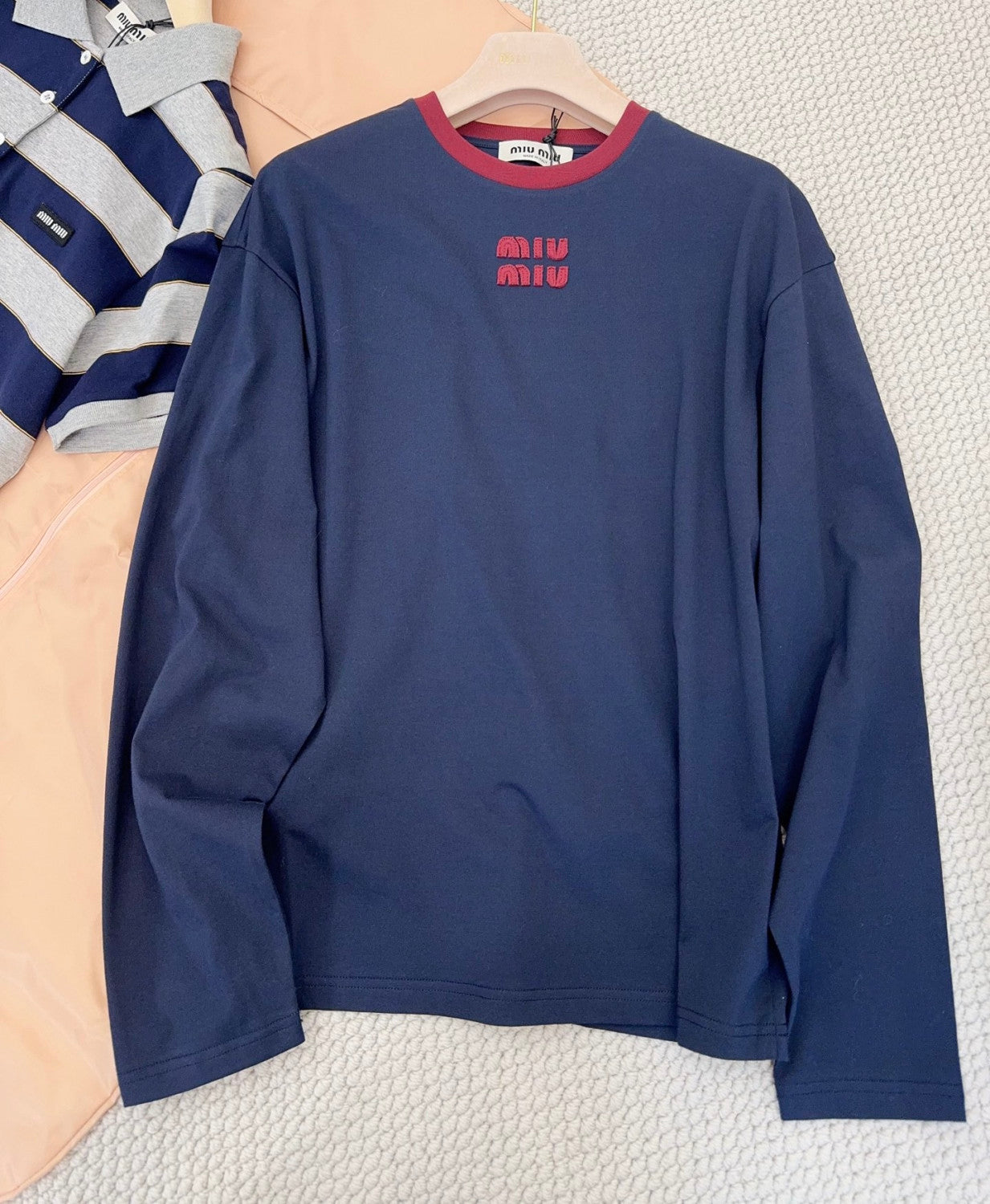 MiuMiu Blue burgundy Long-sleeved Cotton Jersey T-shirt #377089