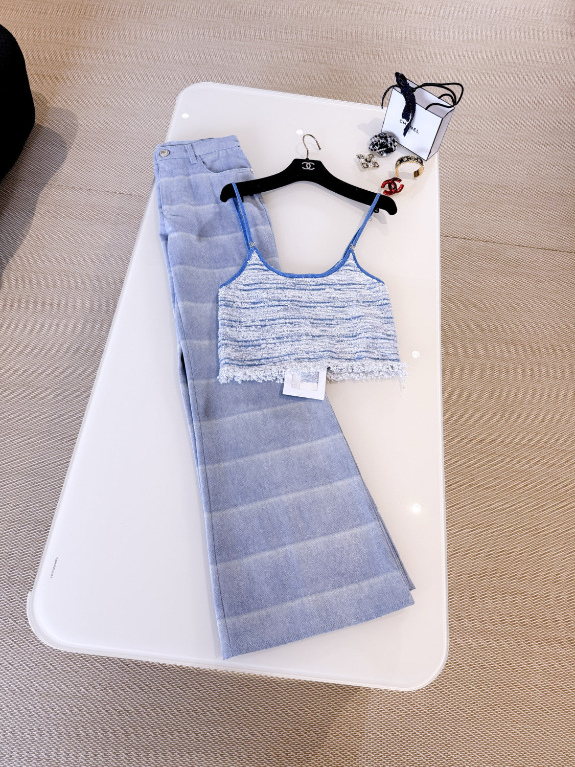 Chanel Jeans Layered Patchwork Denim Light Blue and White #336016
