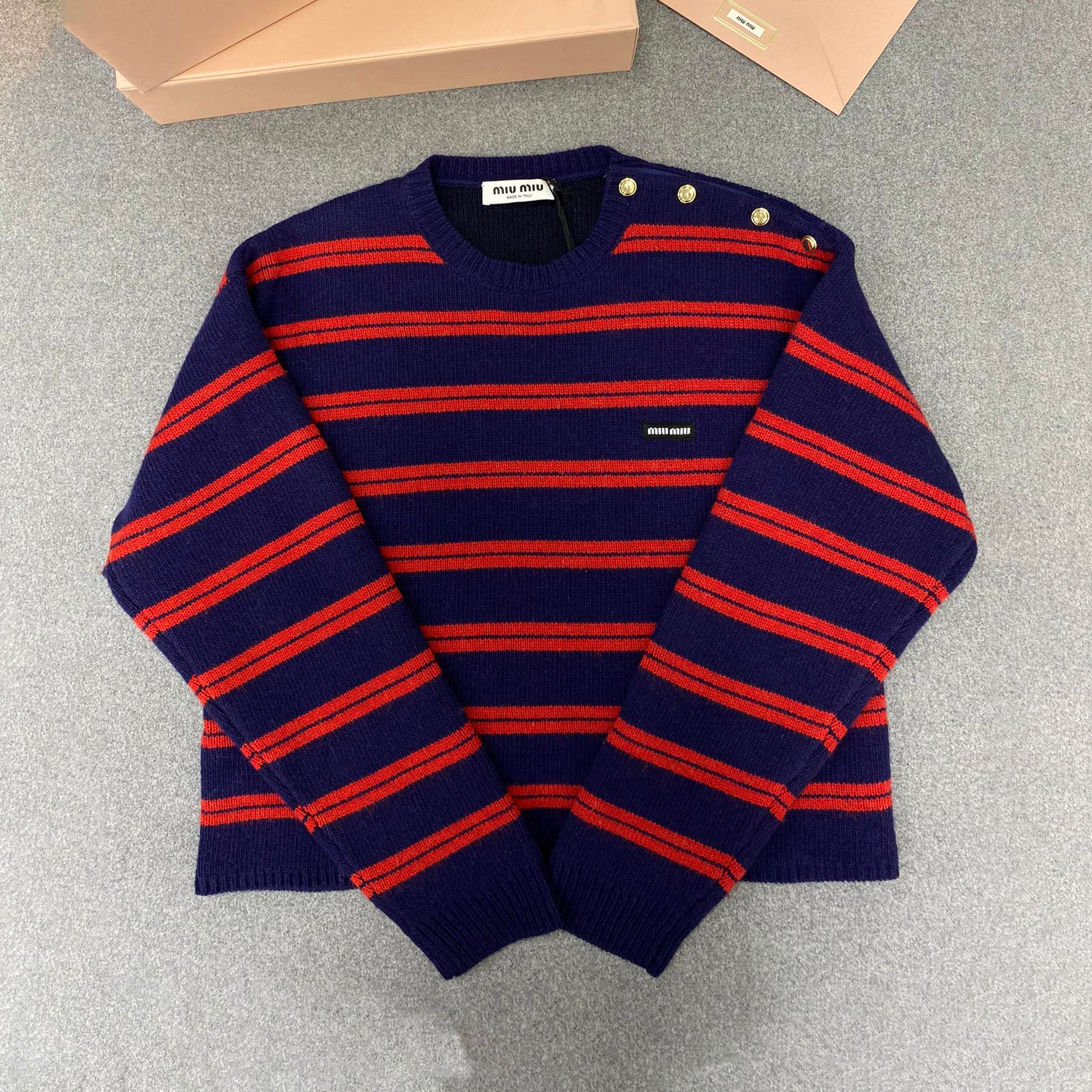 MiuMiu Women's Fall/Winter Fashion Casual Crew Neck Striped Contrast Color Cashmere Knit Sweater #79389