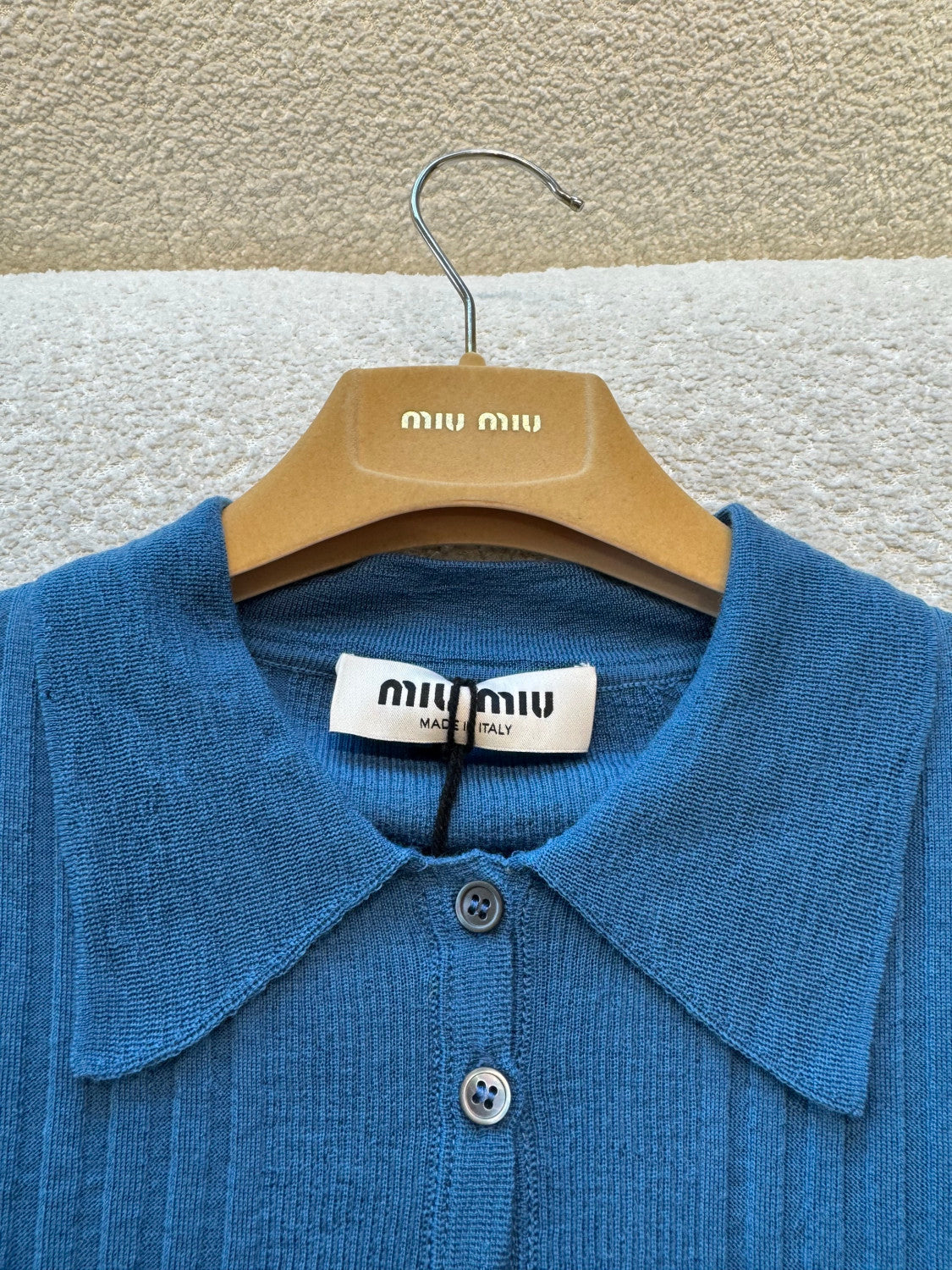 MiuMiu Aviator Blue Ribbed Knit Wool Polo Shirt #335649
