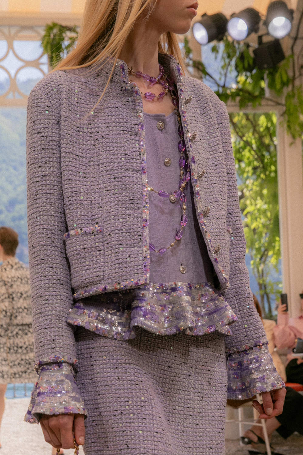 Chanel Jacket Skirt Cotton Tweed Sequins Lilac #376154