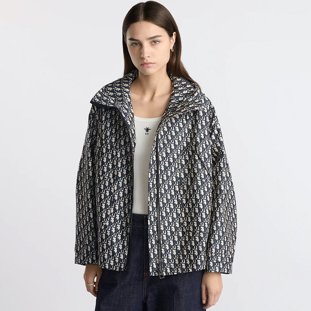 DIOR Hooded Jacket Blue Jacquard Technical Taffeta with Dior Oblique Motif #326749