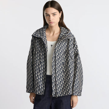 DIOR Hooded Jacket Blue Jacquard Technical Taffeta with Dior Oblique Motif #326749