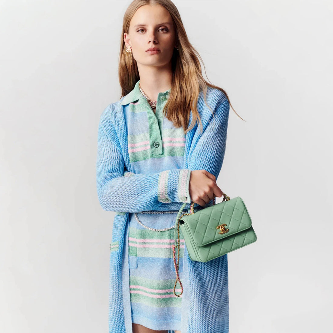 Chanel Women's Summer Striped Color-Blocked Double-Pocket Polo-Neck Long-Sleeve Knit Dress Ngvp #2516