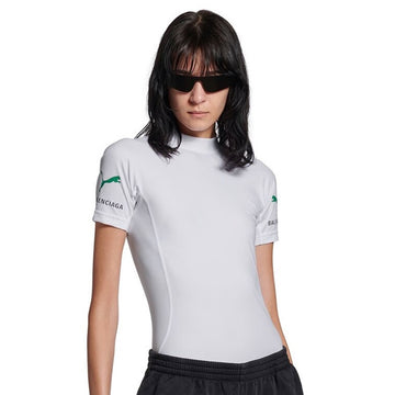 Balenciaga x PUMA Women's and Men's CAT Print White Technical Stretch Fabric Fitted T-shirt #333096