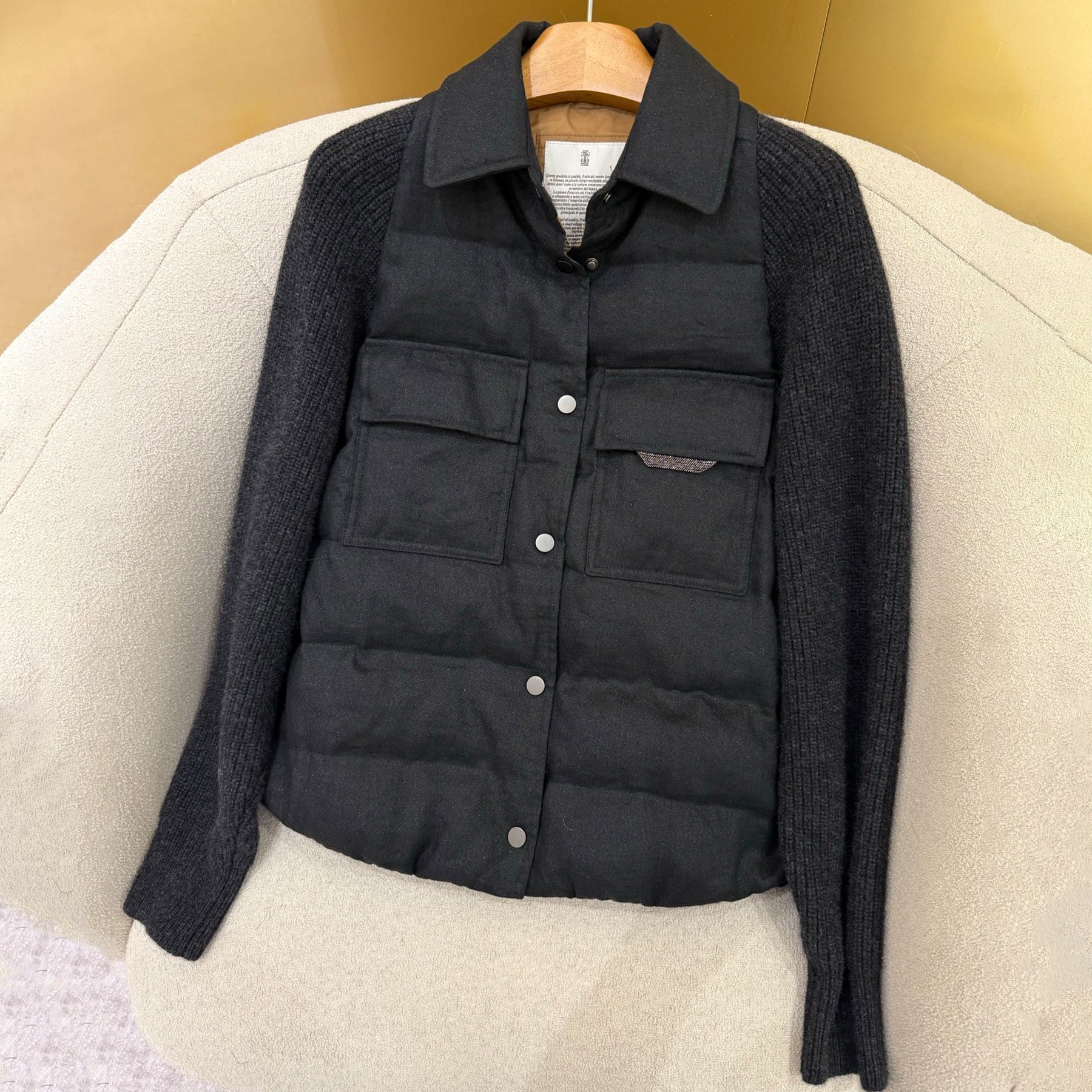 Brunello Cucinelli Women's Autumn And Winter Linen Goose Down Jacket 100% Wool Knit Sleeve Sequins Accessories Single Breasted Jacket Ngvp #2648