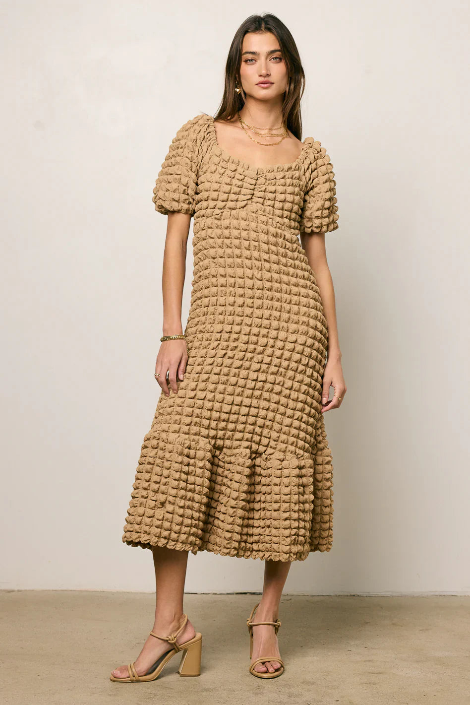 Miley Bubble Texture Dress in Tan