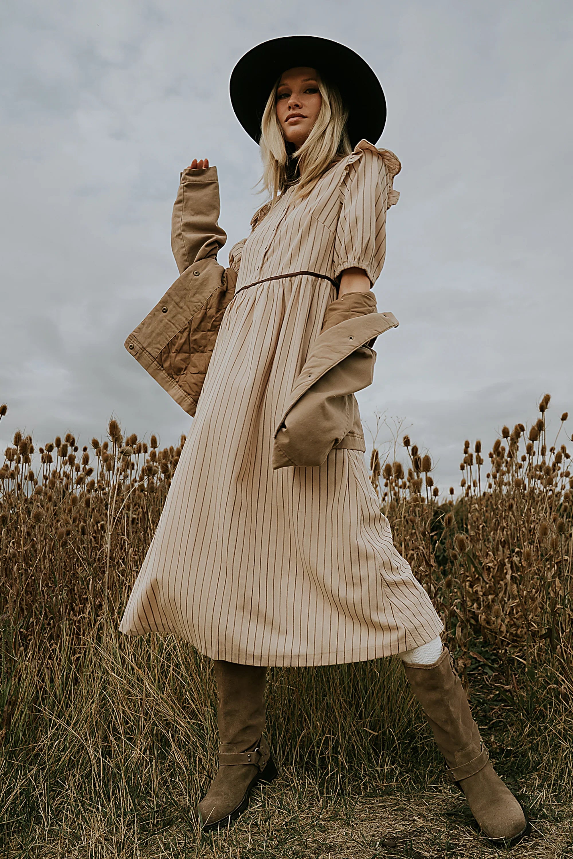 Berlin Corduroy Baby Doll Midi Dress in Taupe
