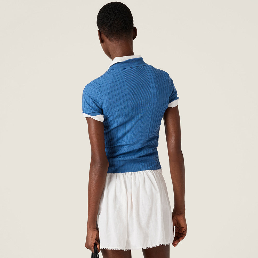 MiuMiu Aviator Blue Ribbed Knit Wool Polo Shirt #335649