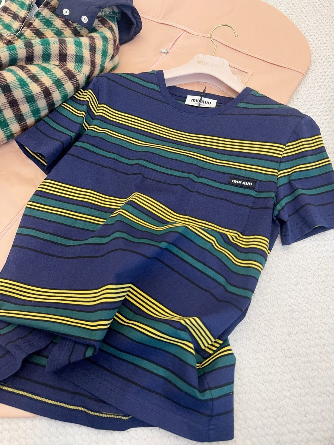 MiuMiu 25FW Women's Striped Short-sleeved T-shirt Yellow And Green Stripes Retro College Style Cotton Logo Pocket #332610
