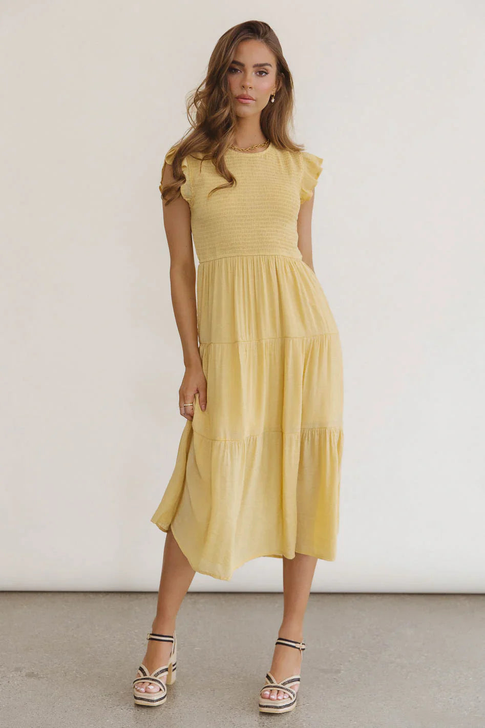 Cara Smocked Midi Dress in Yellow