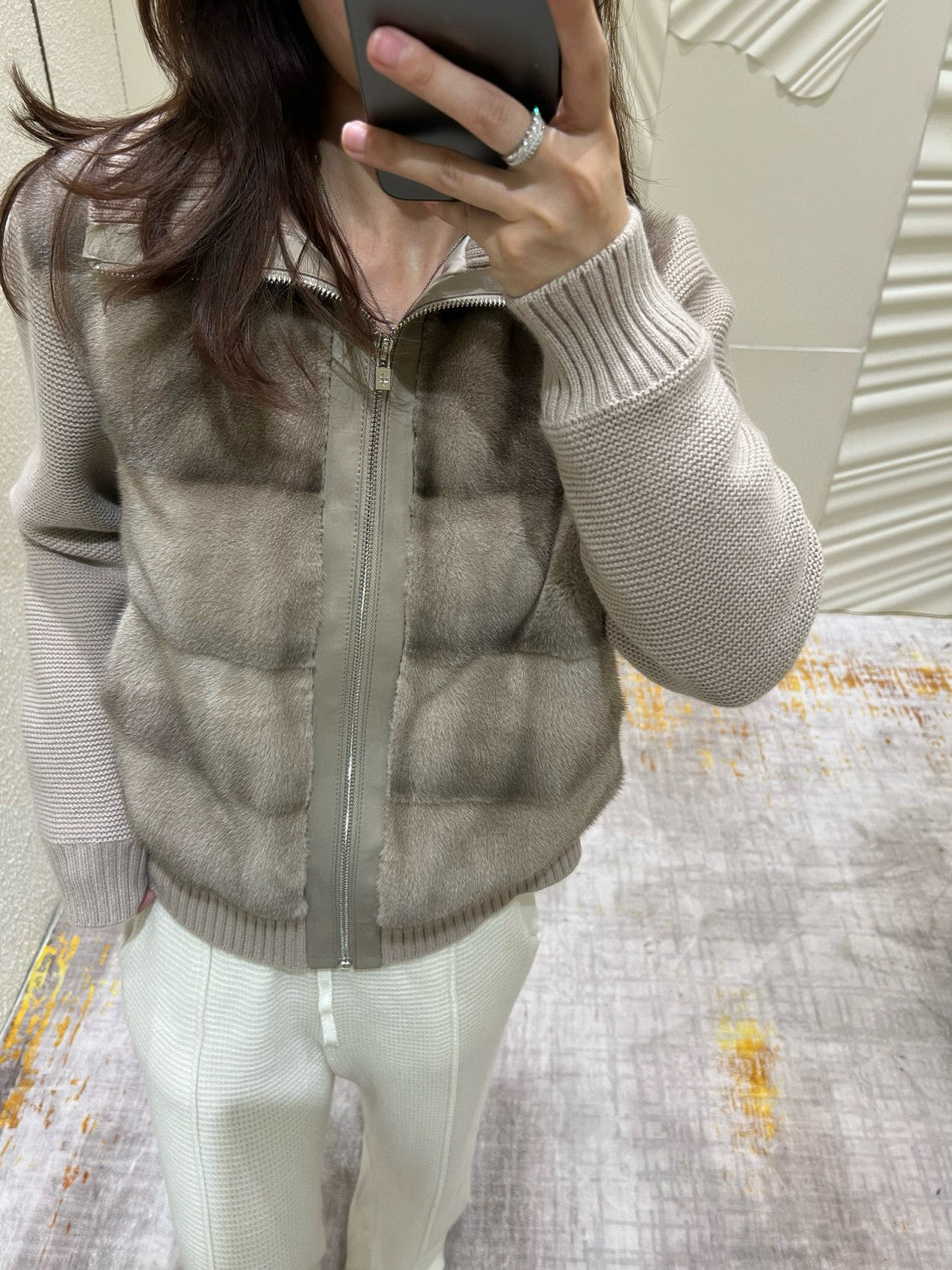 Loro Piana Women's Fall/Winter Mink-Collar Cashmere Solid-Color Zipper Long-Sleeve Knit Puffer Down Jacket #81738