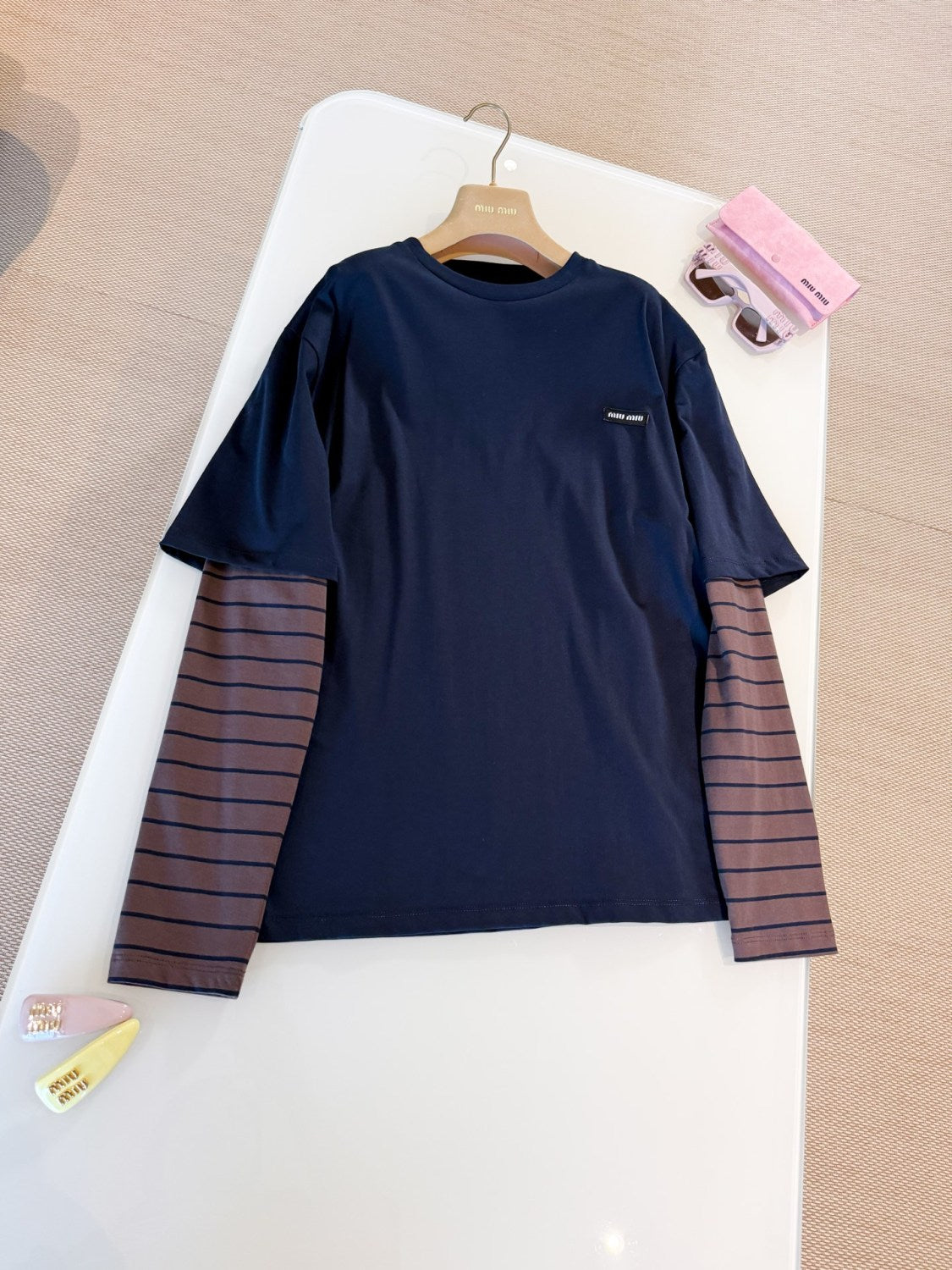 MiuMiu Women's Spring/autumn Fashion Casual Two Piece Color Block Round Neck Striped Long Sleeve Plain Knit T-Shirt #78389